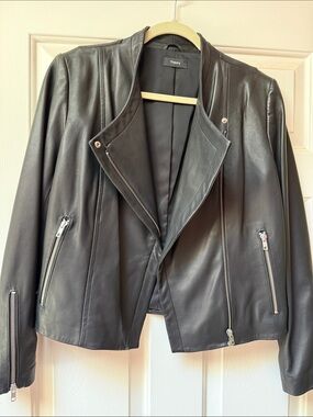 Theory Phelan Black lamb Leather Asymmetric Zip Moto Jacket size L (M) $995